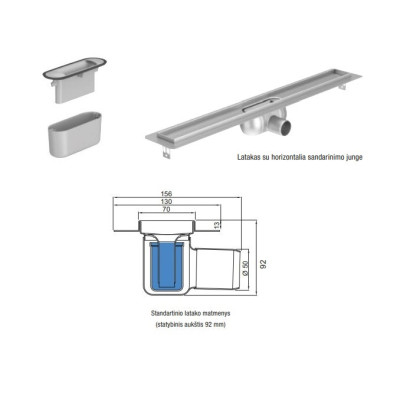 ACO ShowerDrain C latakas, su nerūdijančiojo plieno trapu, aukštis 92 mm