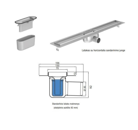 ACO ShowerDrain C latakas, su nerūdijančiojo plieno trapu, aukštis 92 mm