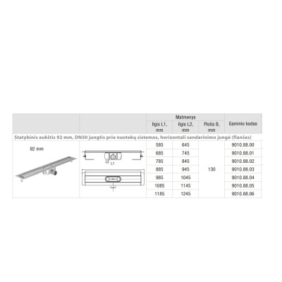 ACO ShowerDrain C latakas, su nerūdijančiojo plieno trapu, aukštis 92 mm