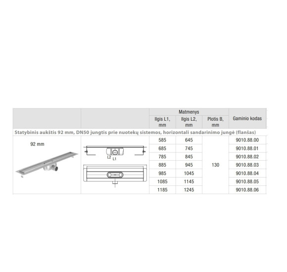 ACO ShowerDrain C latakas, su nerūdijančiojo plieno trapu, aukštis 92 mm