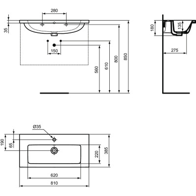 Ideal Standard i.life S praustuvas montuojamas ant spintelės 81 cm (810x 385x180 mm), baltas, T458901
