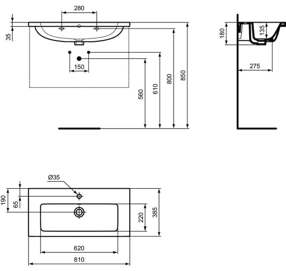 Ideal Standard i.life S praustuvas montuojamas ant spintelės 81 cm (810x 385x180 mm), baltas, T458901