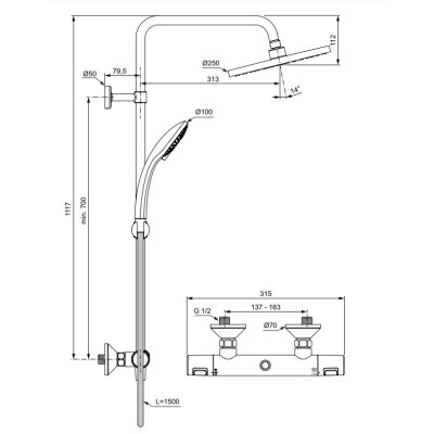 Ideal Standard Ceratherm T25 (A7627AA) termostatinė dušo sistema, chromo spalvos
