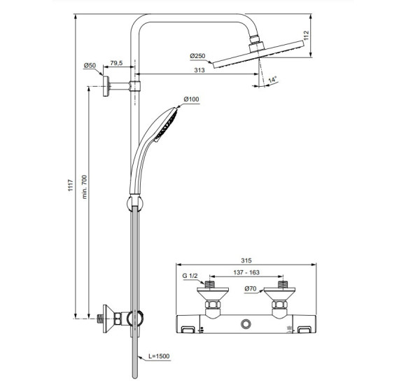 Ideal Standard Ceratherm T25 (A7627AA) termostatinė dušo sistema, chromo spalvos
