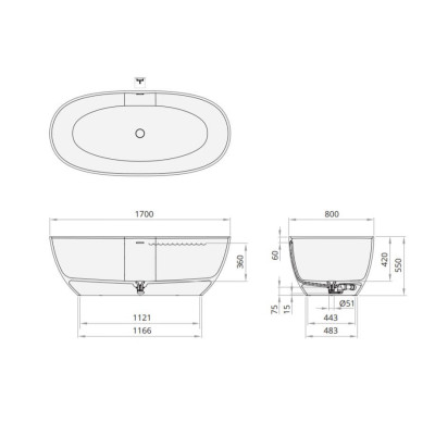 PAA BELLA Laisvai pastatoma vonia, Silkstone 170x80cm