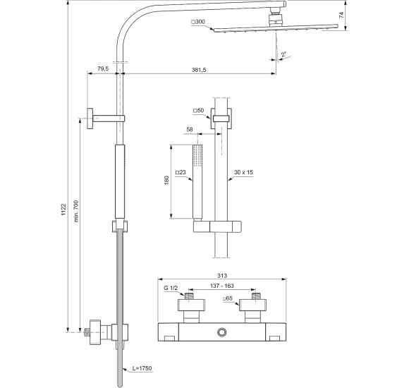 Ideal Standard CERATHERM C 100 termostatinė dušo sistema, chromo spalvos