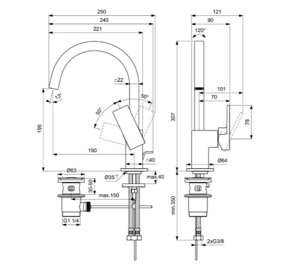 Ideal Standard Extra maišytuvas praustuvui su dugno vožtuvu, BD504, pasirenkama spalva
