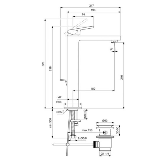 Ideal Standard Extra Vessel maišytuvas praustuvui su dugno vožtuvu, BD506, pasirenkama spalva