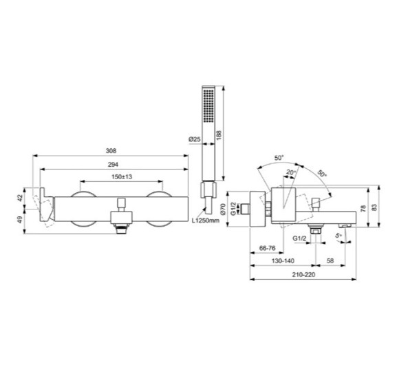 Ideal Standard Extra dušo/vonios maišytuvas su rankiniu dušeliu, BD514, pasirenkama spalva