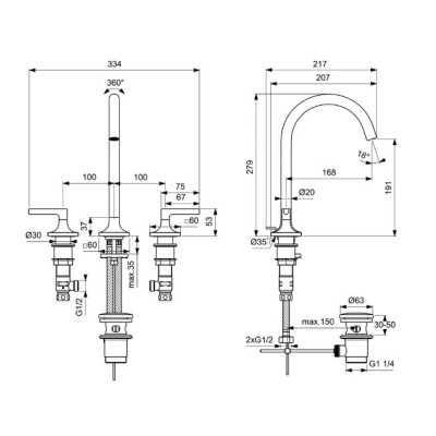Ideal Standard Joy Neo 3 dalių maišytuvas praustuvui su dugno vožtuvu, BD144, pasirenkama spalva