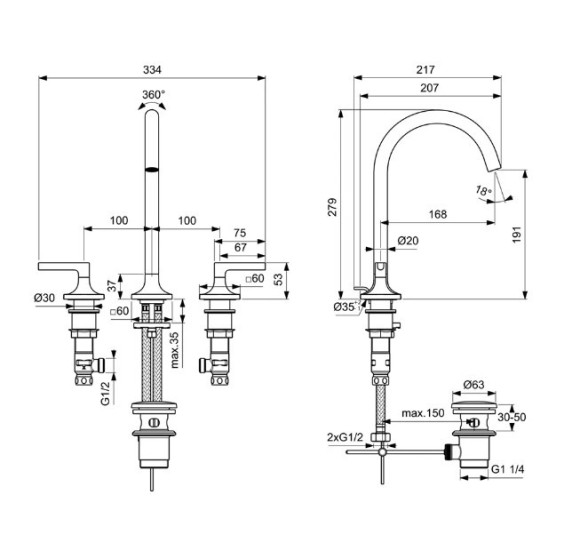 Ideal Standard Joy Neo 3 dalių maišytuvas praustuvui su dugno vožtuvu, BD144, pasirenkama spalva