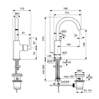 Ideal Standard Joy Neo Piccolo maišytuvas praustuvui su dugno vožtuvu, BD147, pasirenkama spalva