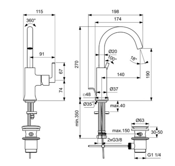 Ideal Standard Joy Neo Piccolo maišytuvas praustuvui su dugno vožtuvu, BD147, pasirenkama spalva