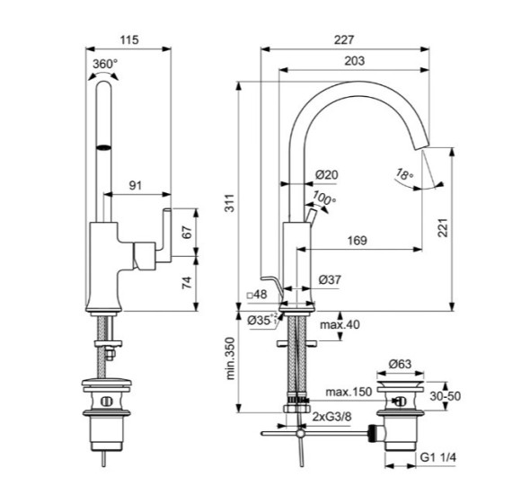 Ideal Standard Joy Neo maišytuvas praustuvui su dugno vožtuvu, BD149, pasirenkama spalva