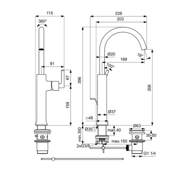 Ideal Standard Joy Neo Vessel maišytuvas praustuvui su dugno vožtuvu, BD155, pasirenkama spalva