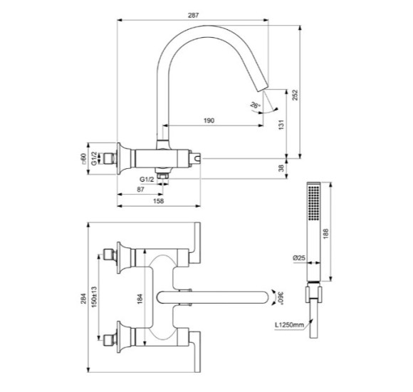 Ideal Standard Joy Neo dušo/vonios maišytuvas su rankiniu dušeliu, BD163, pasirenkama spalva