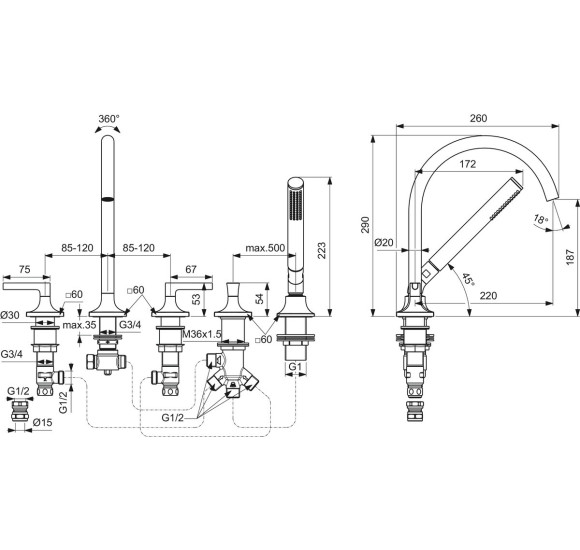 Ideal Standard Joy Neo 5 dalių vonios maišytuvas, BD165, pasirenkama spalva