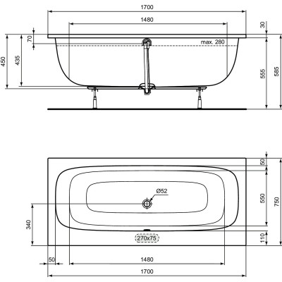 Ideal Standard i.life stačiakampė dvipusė vonia, 170х75 cm