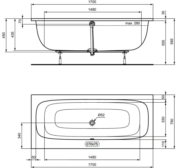 Ideal Standard i.life stačiakampė dvipusė vonia, 170х75 cm
