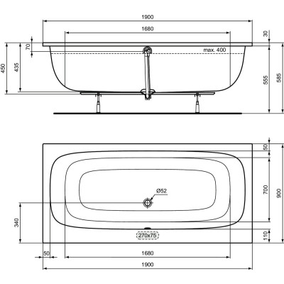 Ideal Standard i.life stačiakampė dvipusė vonia, 190x90 cm
