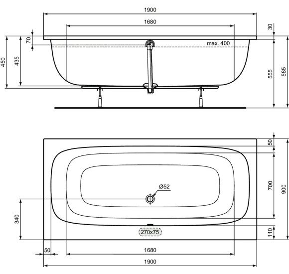 Ideal Standard i.life stačiakampė dvipusė vonia, 190x90 cm