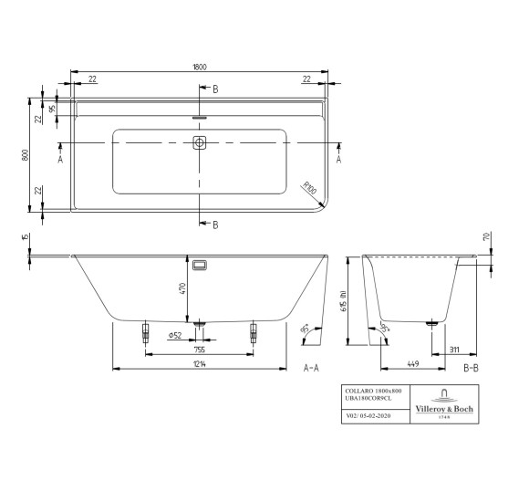 Villeroy & Boch Collaro vonia 1800x800, su baltu vonios sifonu
