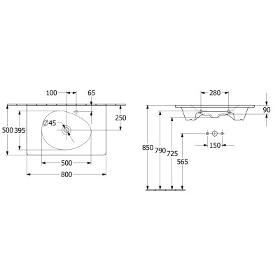 Villeroy & Boch Antao pakabinamas/montuojamas ant baldų praustuvas 80 cm, su skyle maišytuvui, ViFlow, pasirenkama spalva