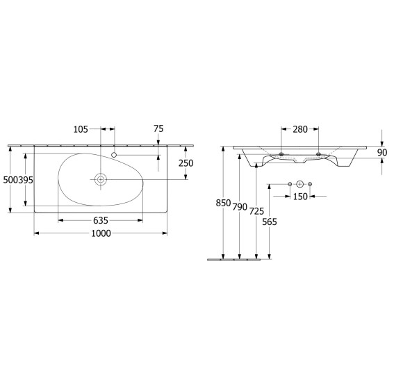 Villeroy & Boch Antao pakabinamas/montuojamas ant baldų praustuvas 100 cm, su skyle maišytuvui, pasirenkama spalva