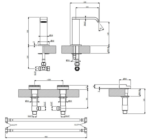 Villeroy & Boch Dawn 3 dalių maišytuvas praustuvui be dugno vožtuvo, pasirenkama spalva