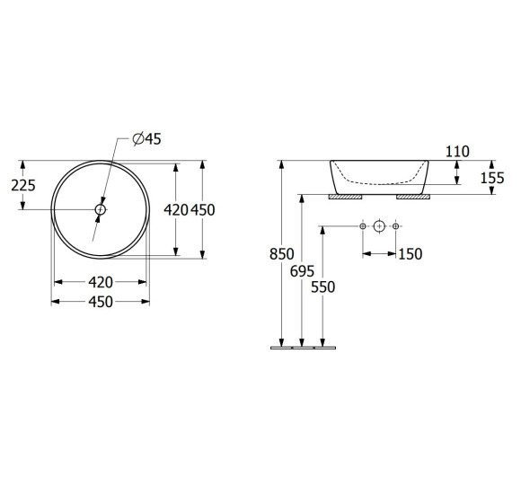 Villeroy & Boch Architectura ant stalviršio pastatomas praustuvas, 45 cm, be persipylimo