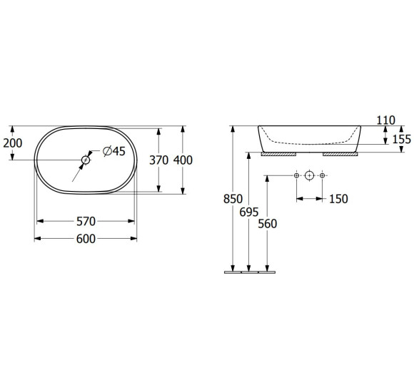 Villeroy & Boch Architectura ant stalviršio pastatomas praustuvas, 60 cm, be persipylimo