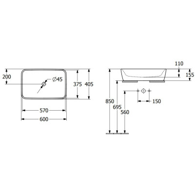 Villeroy & Boch Architectura ant stalviršio pastatomas stačiakampis praustuvas, 60 cm, su persipylimu
