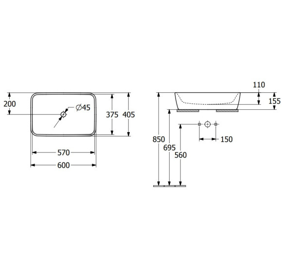 Villeroy & Boch Architectura ant stalviršio pastatomas stačiakampis praustuvas, 60 cm, su persipylimu