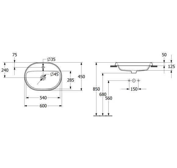 Villeroy & Boch Architectura įleidžiamas praustuvas, 60 cm, su persipylimu