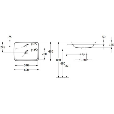 Villeroy & Boch Architectura stačiakampis įleidžiamas praustuvas, 60 cm, su persipylimu