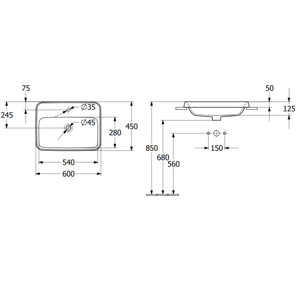 Villeroy & Boch Architectura stačiakampis įleidžiamas praustuvas, 60 cm, su persipylimu