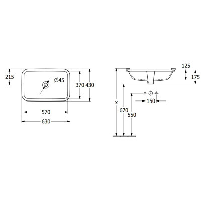 Villeroy & Boch Architectura po stalviršiu montuojamas stačiakampis praustuvas, 57 cm, su persipylimu