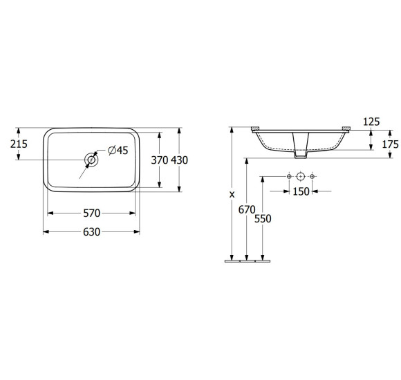 Villeroy & Boch Architectura po stalviršiu montuojamas stačiakampis praustuvas, 57 cm, be persipylimo