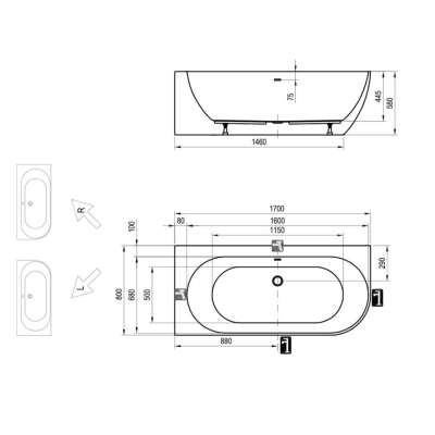 Ravak Freedom Corner 170x80 cm,  kampinė vonia (L/R), akrilas