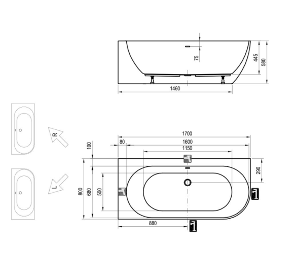 Ravak Freedom Corner 170x80 cm,  kampinė vonia (L/R), akrilas