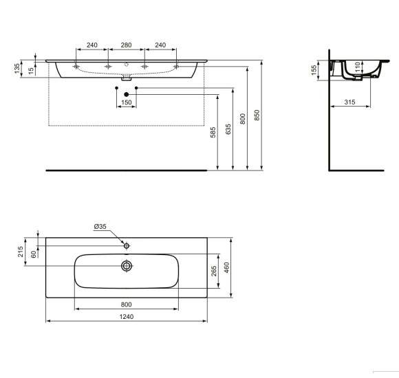 Ideal Standard i.Life A praustuvas (baldinis/pakabinamas), 124x46cm