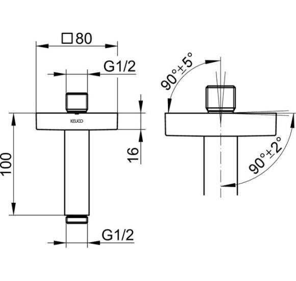 Keuco dušo galvos laikiklis iš lubų, 100mm ilgio, kvadratinė apdaila