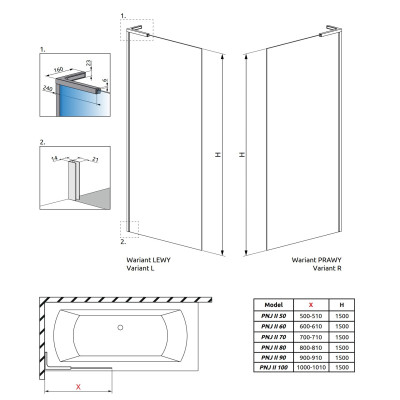 Radaway Modo SL Black PNJ II vonios sienelė, pasirinkite dydį