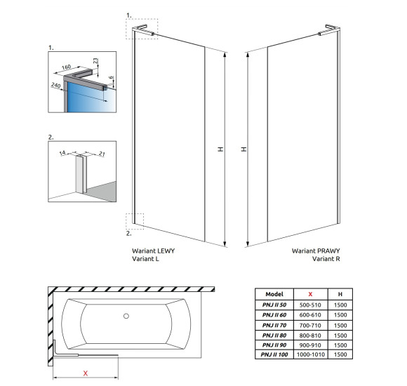 Radaway Modo SL Black PNJ II vonios sienelė, pasirinkite dydį