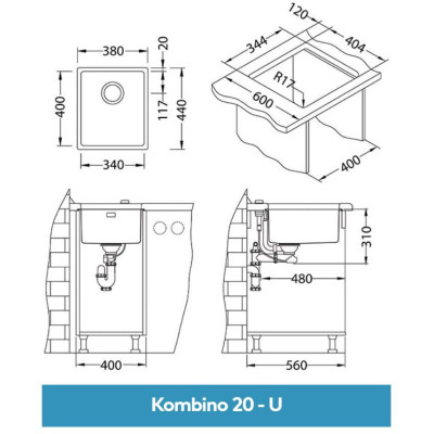 ALVEUS Kombino 20 nerūdijančio plieno plautuvė (montuojama po stalviršiu)