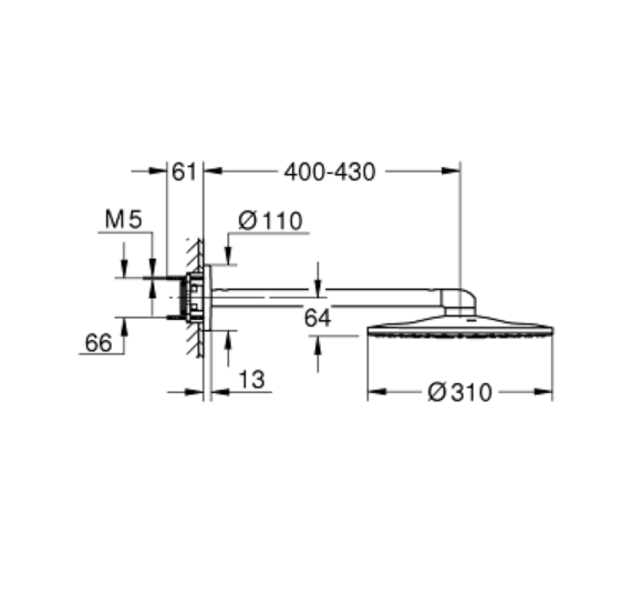 IŠPARDAVIMAS. Grohe Rainshower SmartActive 310 Stacionari dušo galva su sieniniu laikikliu (Brushed Hard Graphite spalva)