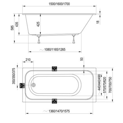 Ravak Chrome Slim 150x70, 160x70, stačiakampė vonia, akrilas (pasirinkite dydį)