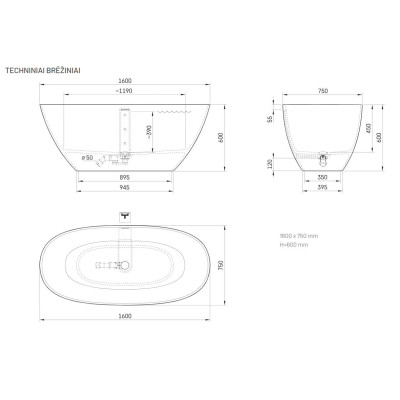 PAA Perla laisvai pastatoma vonia iš akmens masės, 160x75cm