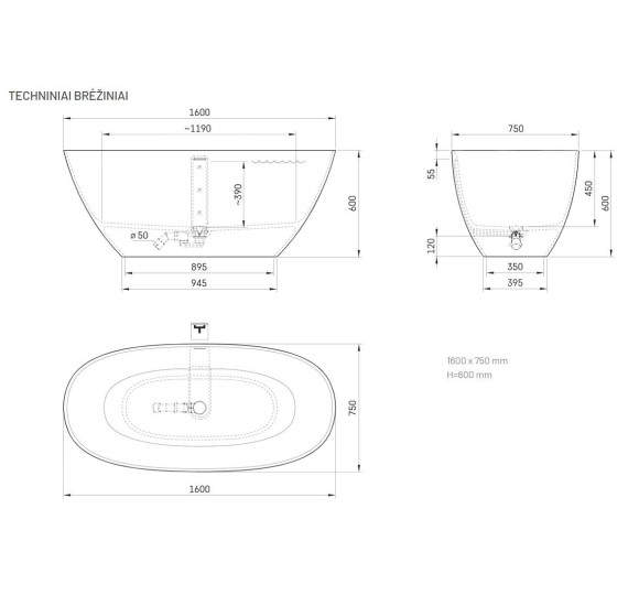PAA Perla laisvai pastatoma vonia iš akmens masės, 160x75cm