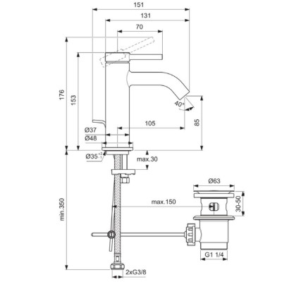 Ideal Standard CERALINE Nuovo H85 maišytuvas praustuvui su dugno vožtuvu